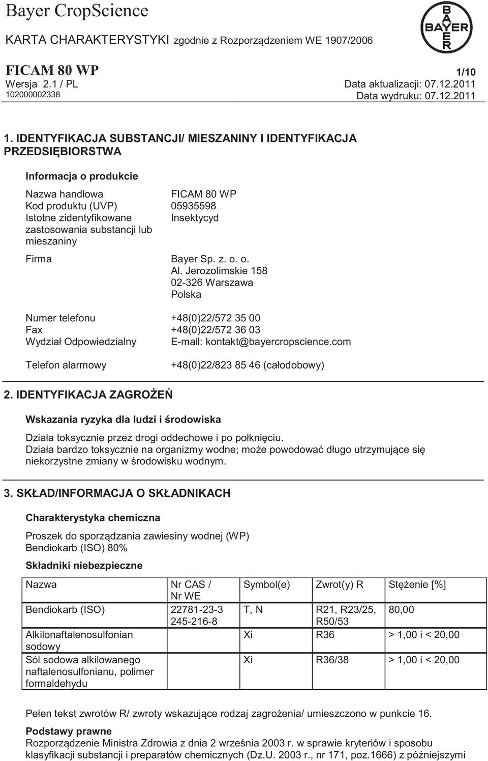 substancji lub mieszaniny Firma Bayer Sp. z. o. o. Al.