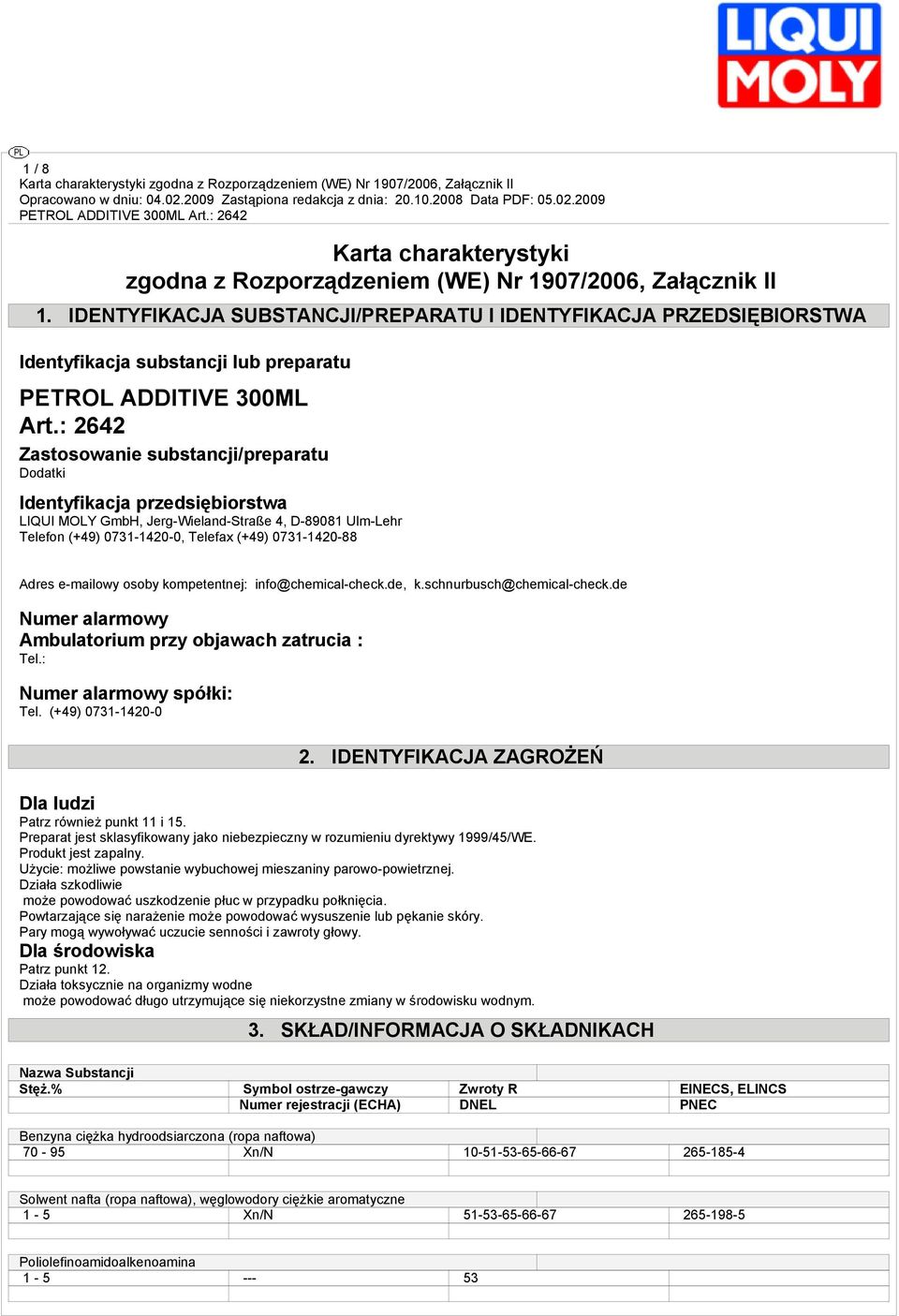 : 2642 Zastosowanie substancji/preparatu Dodatki Identyfikacja przedsiębiorstwa LIQUI MOLY GmbH, Jerg-Wieland-Straße 4, D-89081 Ulm-Lehr Telefon (+49) 0731-1420-0, Telefax (+49) 0731-1420-88 Adres