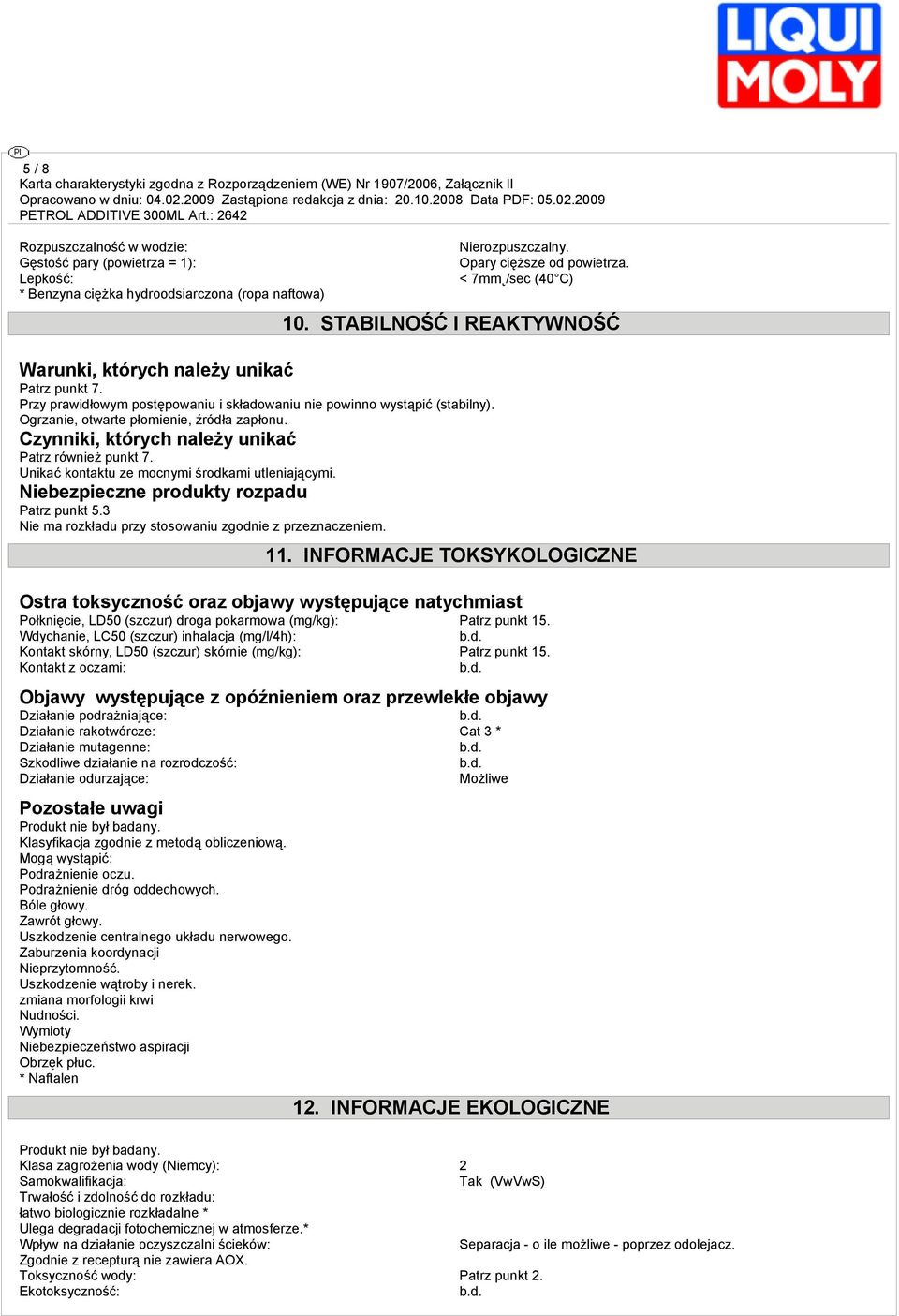 Czynniki, których należy unikać Patrz również punkt 7. Unikać kontaktu ze mocnymi środkami utleniającymi. Niebezpieczne produkty rozpadu Patrz punkt 5.