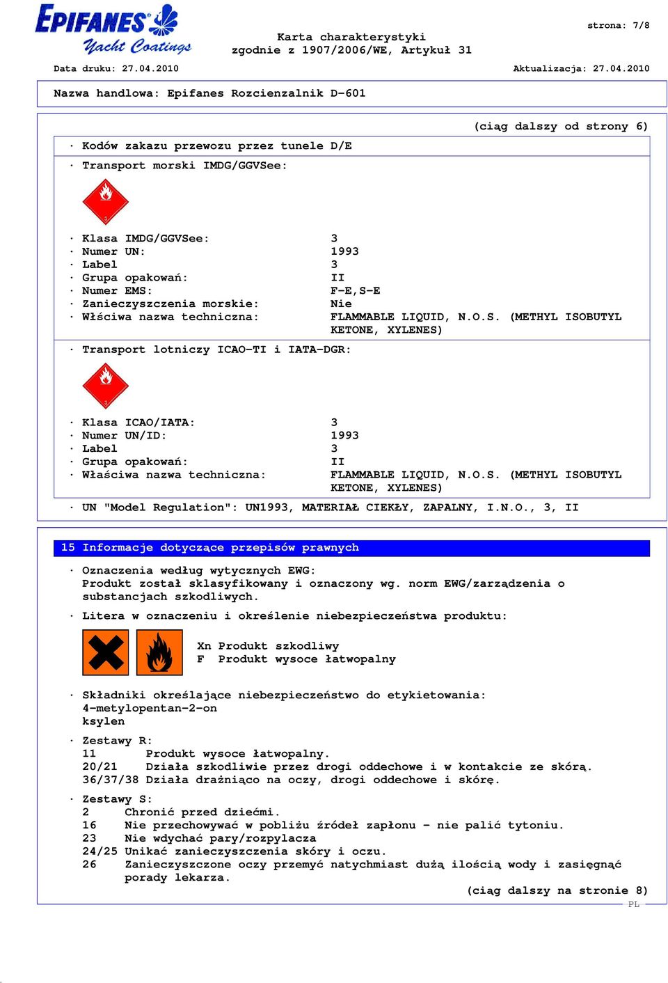 (METHYL ISOBUTYL KETONE, XYLENES) Transport lotniczy ICAO-TI i IATA-DGR: Klasa ICAO/IATA: 3 Numer UN/ID: 1993 Label 3 Grupa opakowań: II Właściwa nazwa techniczna: FLAMMABLE LIQUID, N.O.S. (METHYL ISOBUTYL KETONE, XYLENES) UN "Model Regulation": UN1993, MATERIAŁ CIEKŁY, ZAPALNY, I.