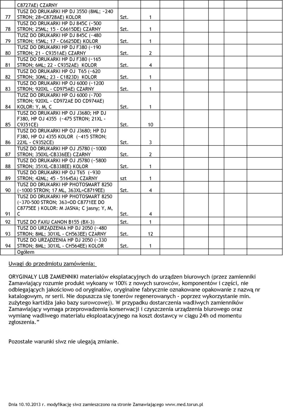 1 TUSZ DO DRUKARKI HP DJ F380 (~190 STRON; 21 - C9351AE) CZARNY Szt. 2 TUSZ DO DRUKARKI HP DJ F380 (~165 STRON; 6ML; 22 - C9352AE) KOLOR Szt.