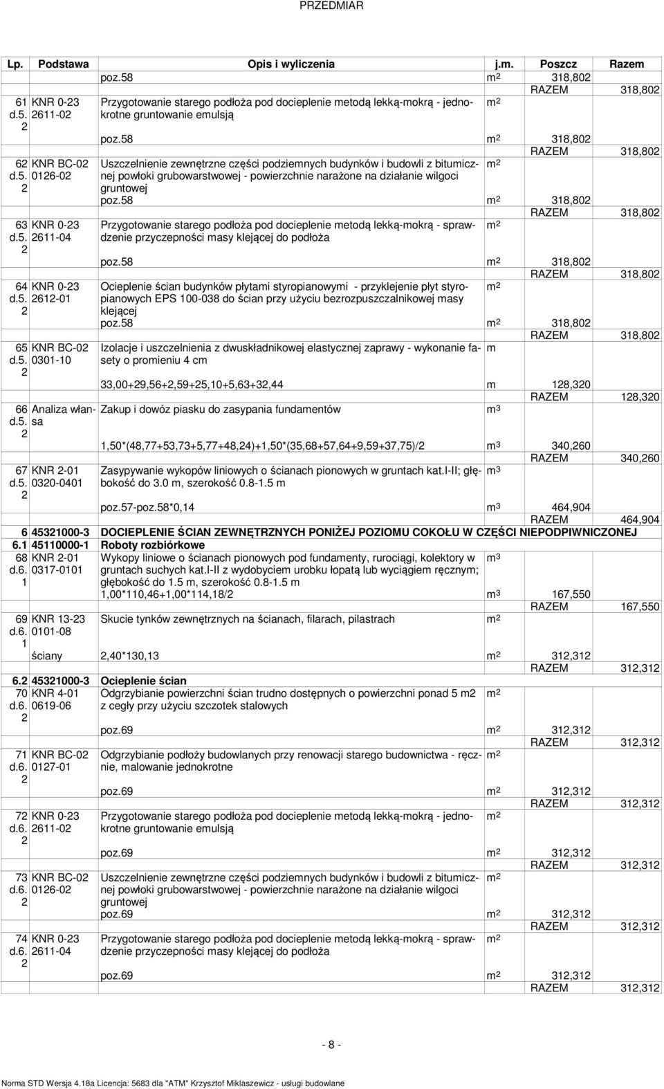 58 8,80 RAZEM 8,80 Przygotowanie starego podłoża pod docieplenie etodą lekką-okrą - sprawdzenie przyczepności asy klejącej do podłoża poz.