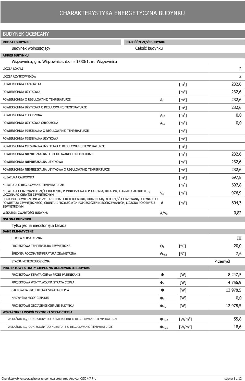 Wiązownica LICZBA LOKALI 2 LICZBA UŻYTKOWNIKÓW 2 POWIERZCHNIA CAŁKOWITA 232,6 POWIERZCHNIA CHŁODZONA POWIERZCHNIA UŻYTKOWA CHŁODZONA POWIERZCHNIA MIESZKALNA O REGULOWANEJ TEMPERATURZE POWIERZCHNIA