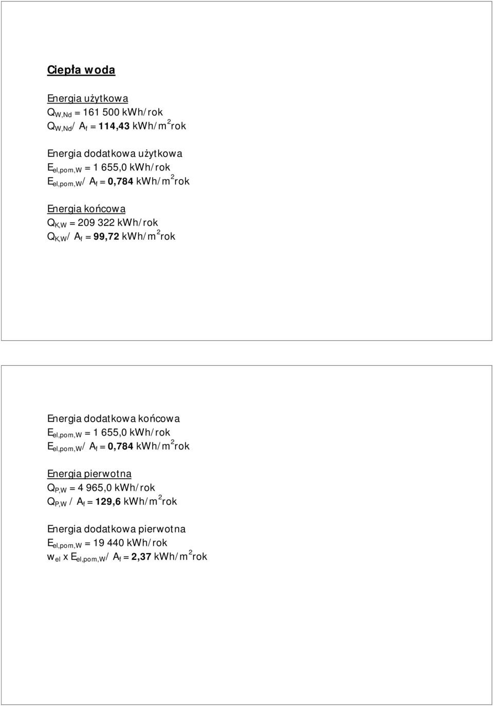 Energia dodatkowa ko cowa E el,pom,w = 1 655,0 kwh/rok E el,pom,w / A f = 0,784 kwh/m 2 rok Energia pierwotna Q P,W = 4 965,0