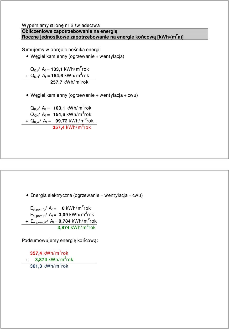 103,1 kwh/m 2 rok Q K,H / A f = 154,6 kwh/m 2 rok + Q K,W / A f = 99,72 kwh/m 2 rok 357,4 kwh/m 2 rok Energia elektryczna (ogrzewanie + wentylacja + cwu) E el,pom,v / A f = 0 kwh/m