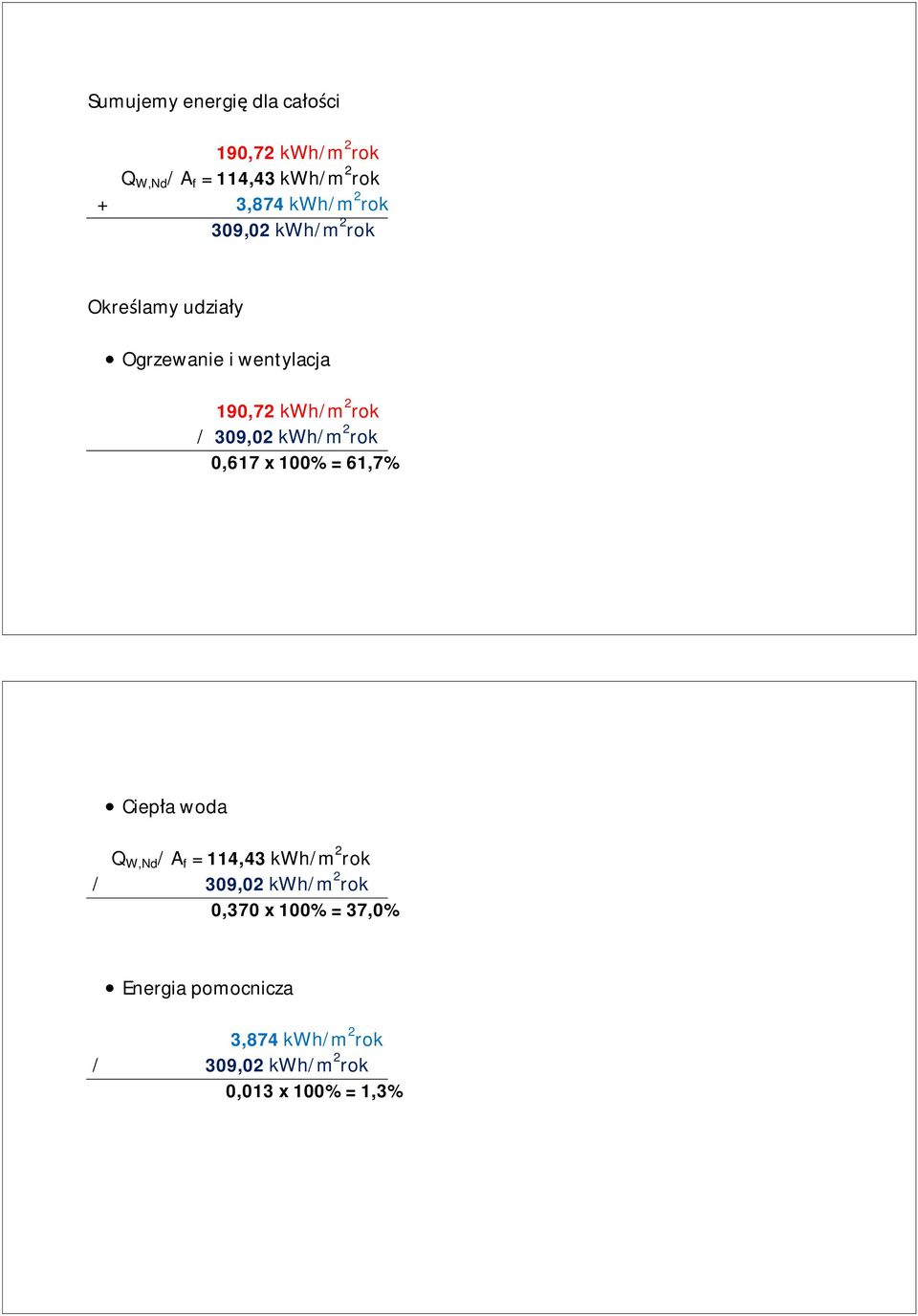 kwh/m 2 rok 0,617 x 100% = 61,7% Ciep a woda Q W,Nd / A f = 114,43 kwh/m 2 rok / 309,02 kwh/m 2