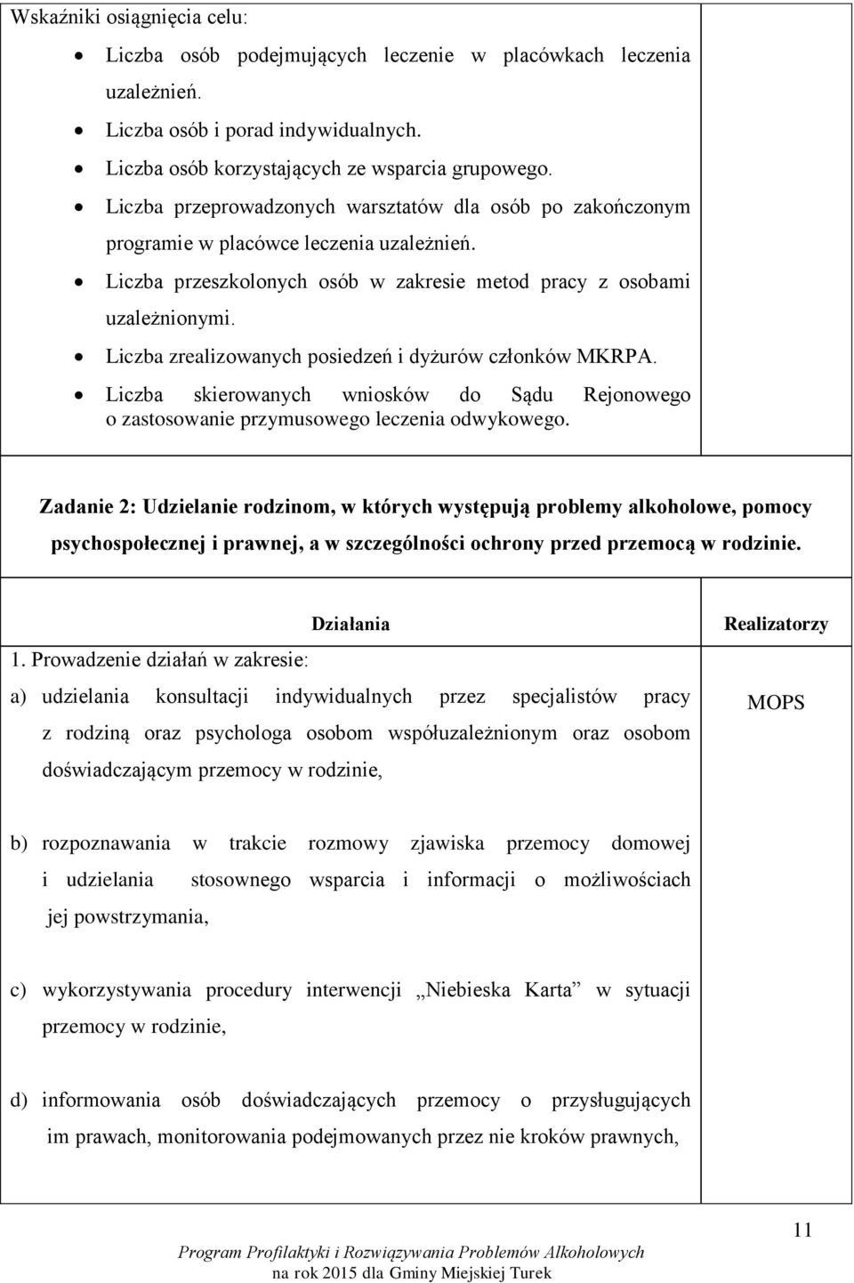 Liczba zrealizowanych posiedzeń i dyżurów członków. Liczba skierowanych wniosków do Sądu Rejonowego o zastosowanie przymusowego leczenia odwykowego.