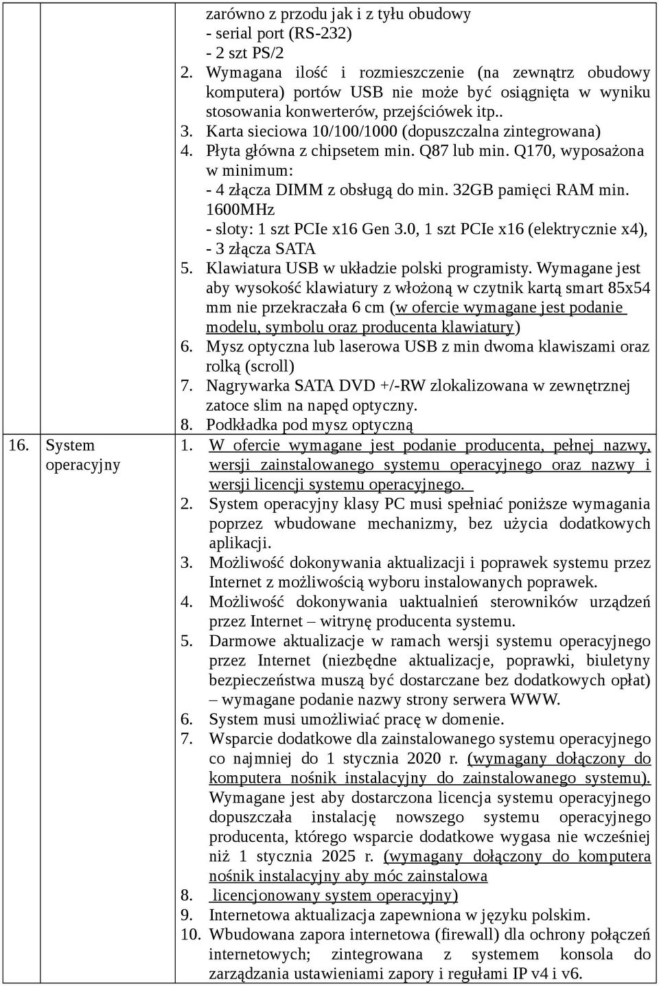 Karta sieciowa 10/100/1000 (dopuszczalna zintegrowana) 4. Płyta główna z chipsetem min. Q87 lub min. Q170, wyposażona w minimum: - 4 złącza DIMM z obsługą do min. 32GB pamięci RAM min.