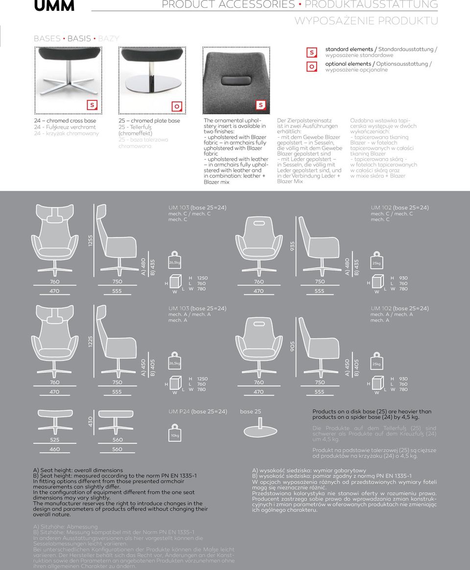 available in two finishes: - upholstered with Blazer fabric in armchairs fully upholstered with Blazer fabric - upholstered with leather in armchairs fully upholstered with leather and in