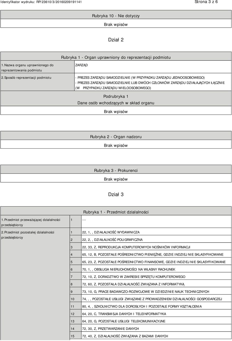 ZARZĄDU WIELOOSOBOWEGO) Podrubryka 1 Dane osób wchodzących w skład organu Rubryka 2 - Organ nadzoru Rubryka 3 - Prokurenci Dział 3 Rubryka 1 - Przedmiot działalności 1.