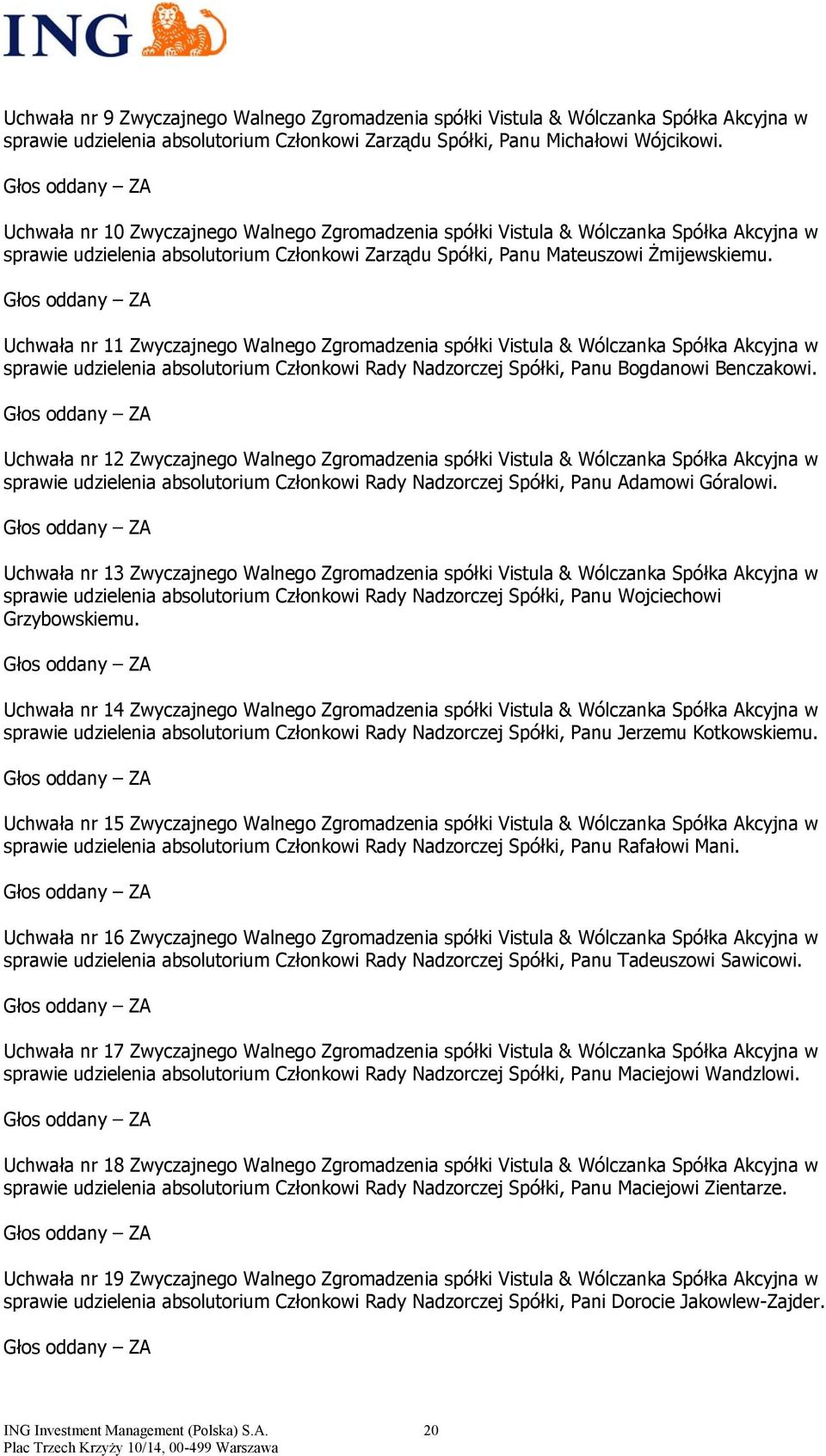 Uchwała nr 11 Zwyczajnego Walnego Zgromadzenia spółki Vistula & Wólczanka Spółka Akcyjna w sprawie udzielenia absolutorium Członkowi Rady Nadzorczej Spółki, Panu Bogdanowi Benczakowi.