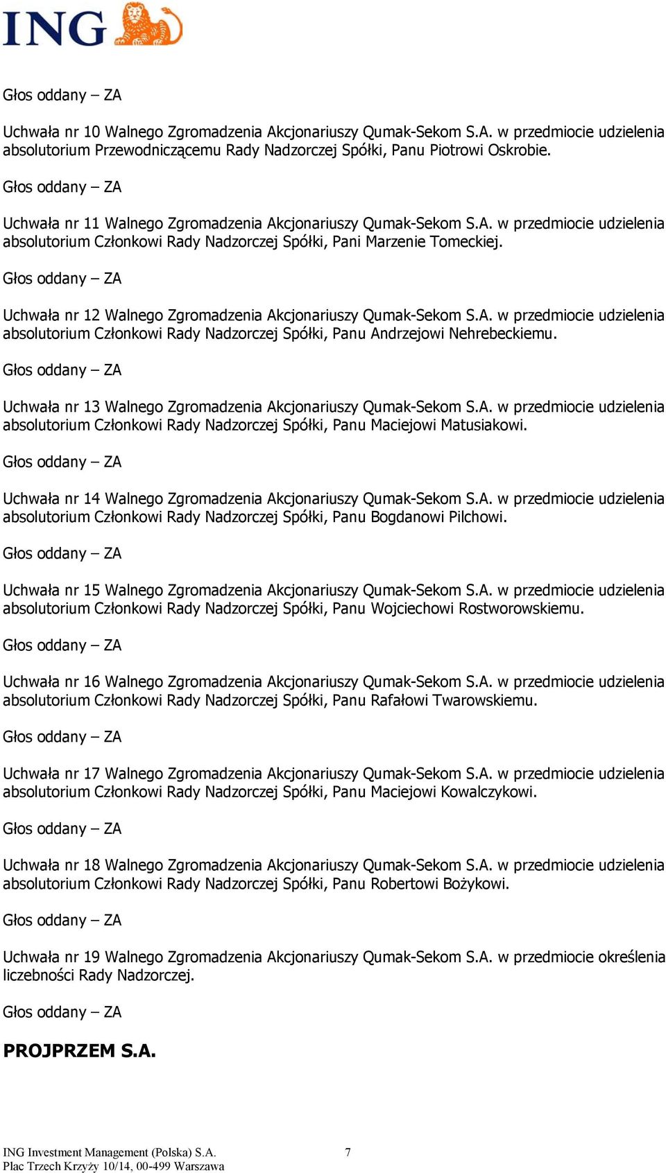 Uchwała nr 12 Walnego Zgromadzenia Akcjonariuszy Qumak-Sekom S.A. w przedmiocie udzielenia absolutorium Członkowi Rady Nadzorczej Spółki, Panu Andrzejowi Nehrebeckiemu.