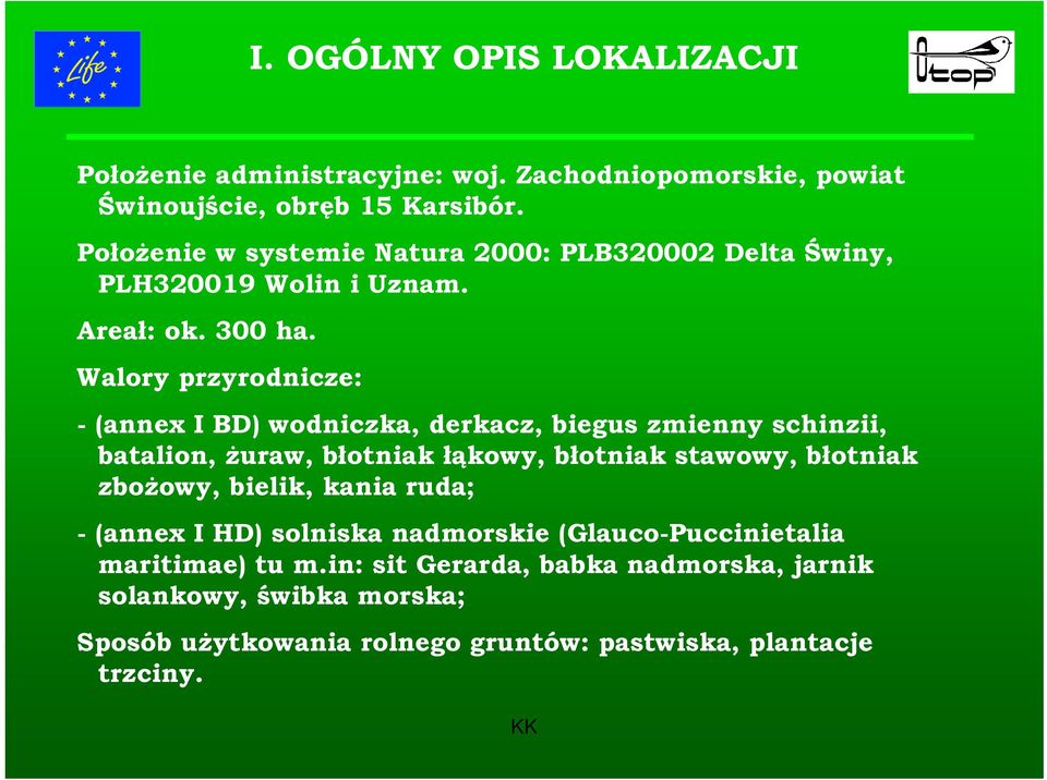 Walory przyrodnicze: - (annex I BD) wodniczka, derkacz, biegus zmienny schinzii, batalion, żuraw, błotniak łąkowy, błotniak stawowy, błotniak
