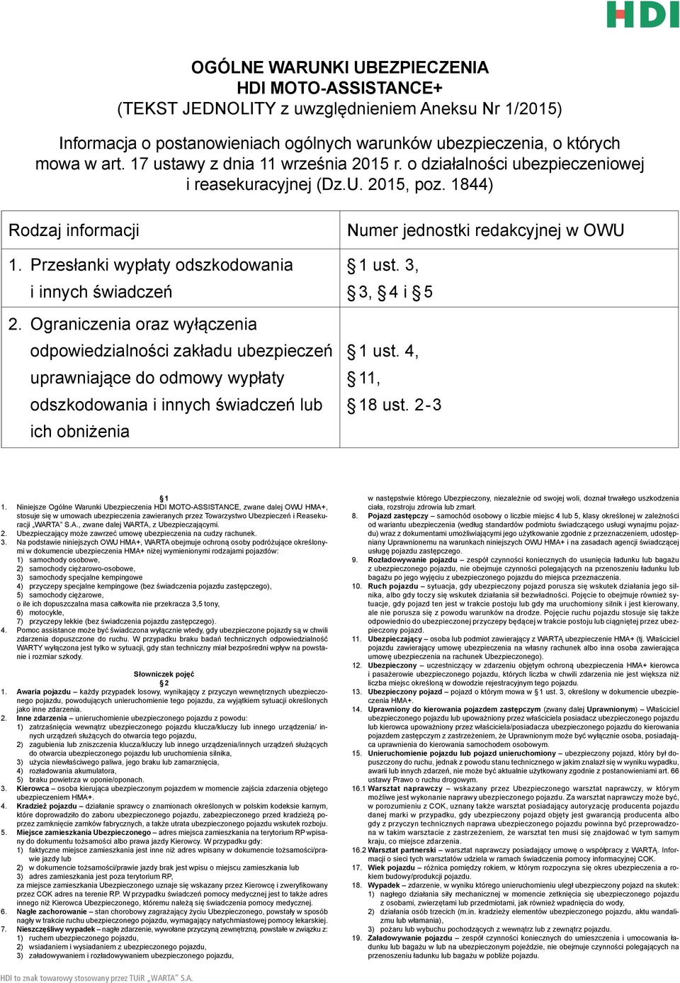 Ograniczenia oraz wyłączenia odpowiedzialności zakładu ubezpieczeń uprawniające do odmowy wypłaty odszkodowania i innych świadczeń lub ich obniżenia Numer jednostki redakcyjnej w OWU 1 ust.