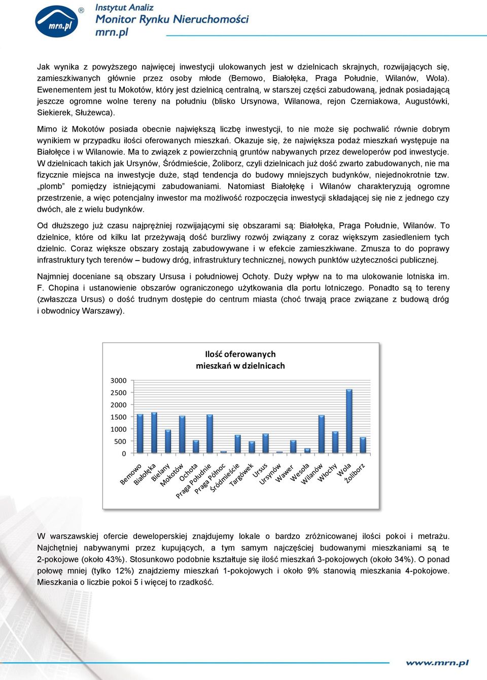 Augustówki, Siekierek, Służewca). Mimo iż Mokotów posiada obecnie największą liczbę inwestycji, to nie może się pochwalić równie dobrym wynikiem w przypadku ilości oferowanych mieszkań.