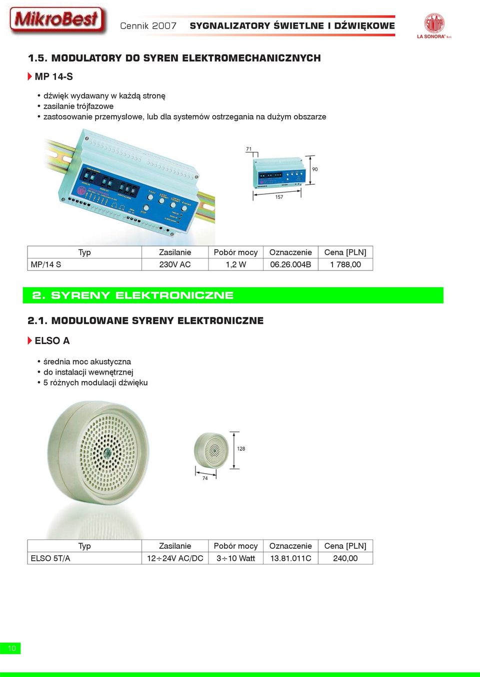 przemysłowe, lub dla systemów ostrzegania na dużym obszarze MP/14 S 230V AC 1,2 W 06.26.004B 1 788,00 2.