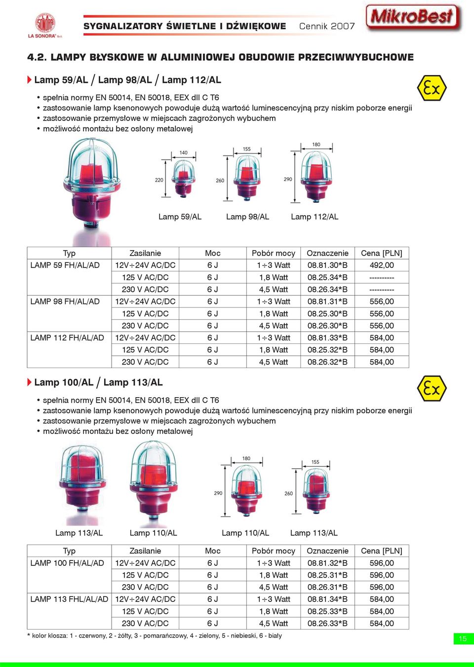 LAMPY BŁYSKOWE W ALUMINIOWEJ OBUDOWIE PRZECIWWYBUCHOWE v Lamp 59/AL / Lamp 98/AL / Lamp 112/AL spełnia normy EN 50014, EN 50018, EEX dii C T6 zastosowanie lamp ksenonowych powoduje dużą wartość