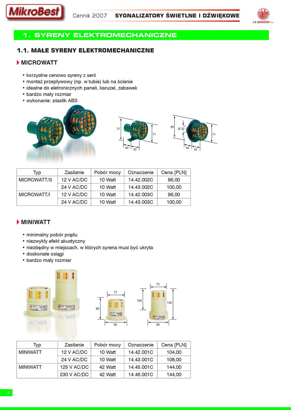 002C 100,00 MICROWATT/I 12 V AC/DC 10 Watt 14.42.003C 96,00 24 V AC/DC 10 Watt 14.43.