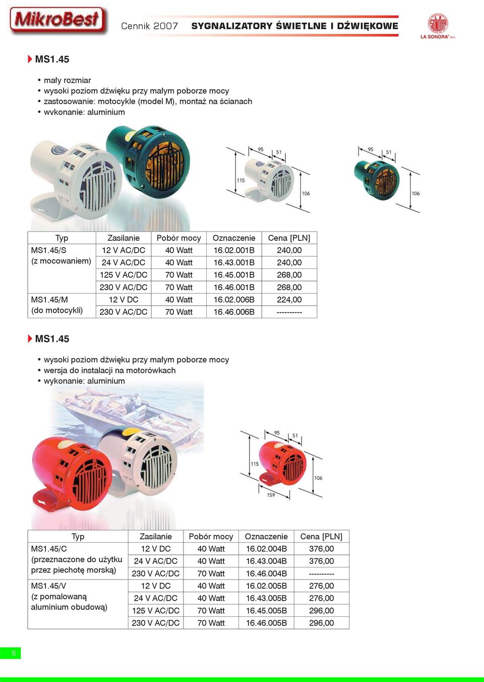 02.006B 224,00 (do motocykli) 230 V AC/DC 70 Watt 16.46.006B ---------- v MS1.45 wysoki poziom dźwięku przy małym poborze mocy wersja do instalacji na motorówkach wykonanie: aluminium MS1.
