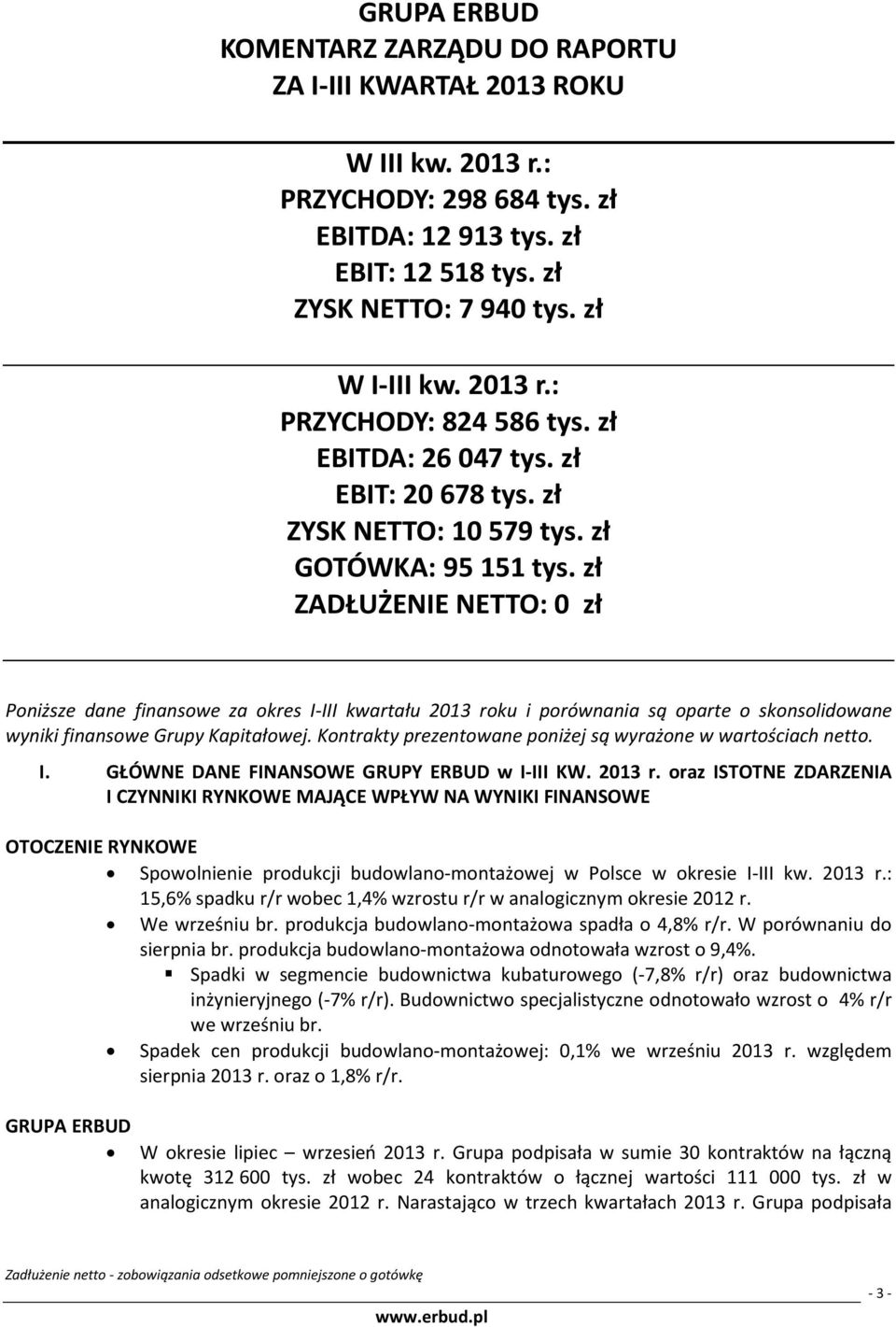 zł ZADŁUŻENIE NETTO: 0 zł Poniższe dane finansowe za okres I-III kwartału roku i porównania są oparte o skonsolidowane wyniki finansowe Grupy Kapitałowej.