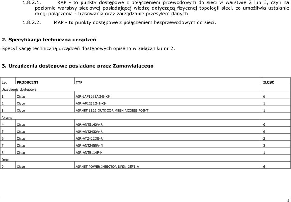 Specyfikacja techniczna urządzeń Specyfikację techniczną urządzeń dostępowych opisano w załączniku nr 2. 3. Urządzenia dostępowe posiadane przez Lp.