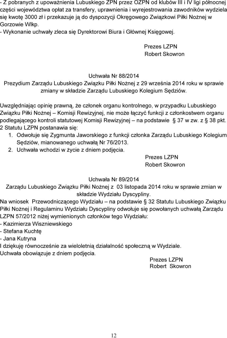 Uchwała Nr 88/2014 Prezydium Zarządu Lubuskiego Związku Piłki Nożnej z 29 września 2014 roku w sprawie zmiany w składzie Zarządu Lubuskiego Kolegium Sędziów.