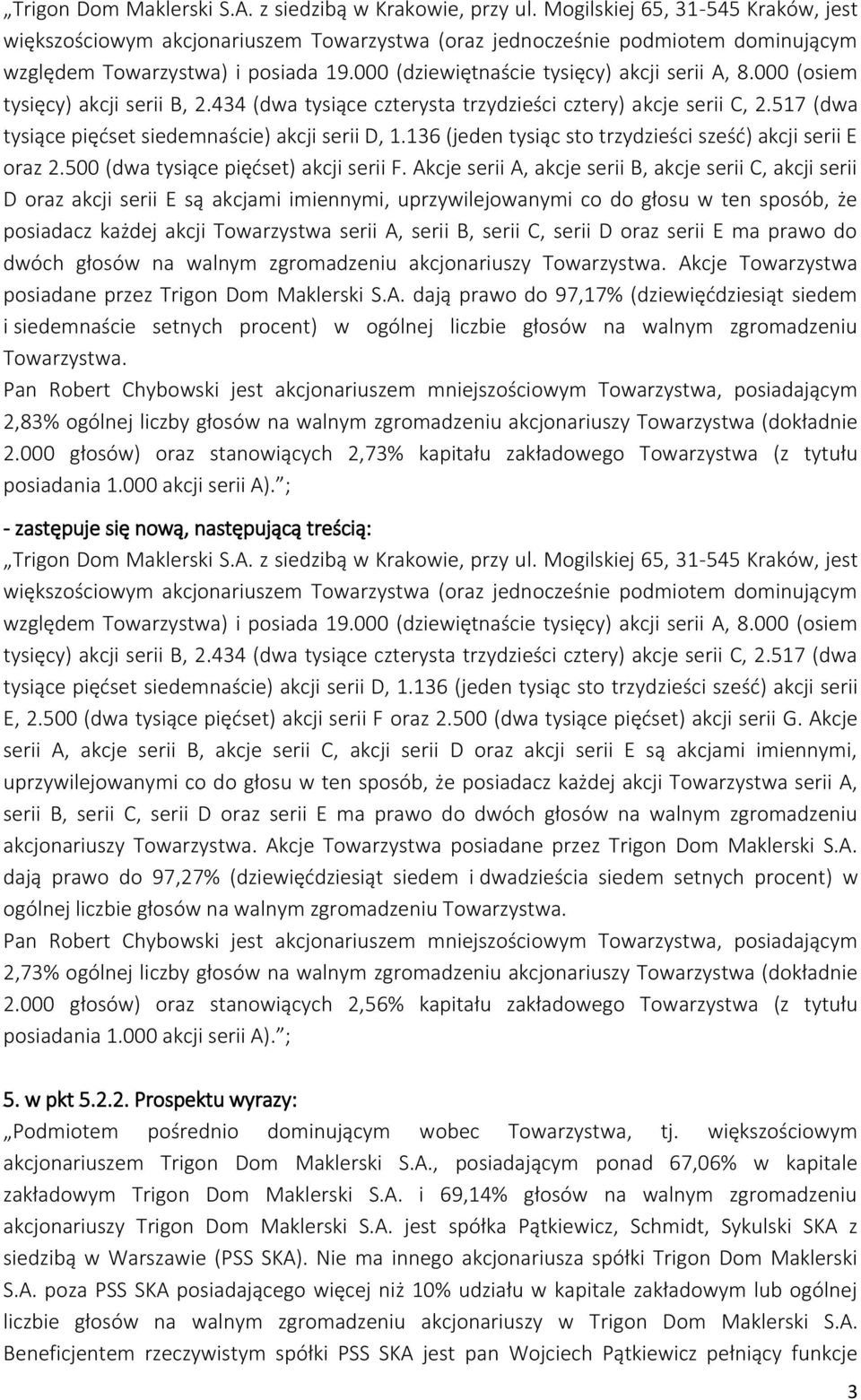 000 (osiem tysięcy) akcji serii B, 2.434 (dwa tysiące czterysta trzydzieści cztery) akcje serii C, 2.517 (dwa tysiące pięćset siedemnaście) akcji serii D, 1.