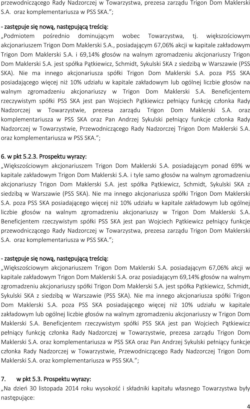 A. jest spółka Pątkiewicz, Schmidt, Sykulski SKA z siedzibą w Warszawie (PSS SKA). Nie ma innego akcjonariusza spółki Trigon Dom Maklerski S.A. poza PSS SKA posiadającego więcej niż 10% udziału w kapitale zakładowym lub ogólnej liczbie głosów na walnym zgromadzeniu akcjonariuszy w Trigon Dom Maklerski S.