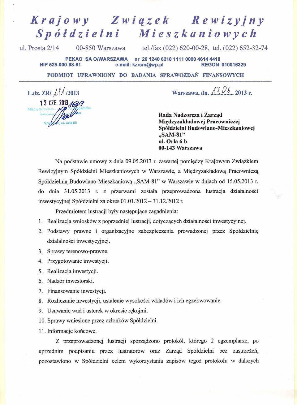 ZRf Iv fj /2013 13, CZE. 2013~ '(h' rv~:~cl'ti~~~~l(... _,11\.o.U1..In,v', 'Aa jz O~ Warszawa, dn ~ 2013 r.