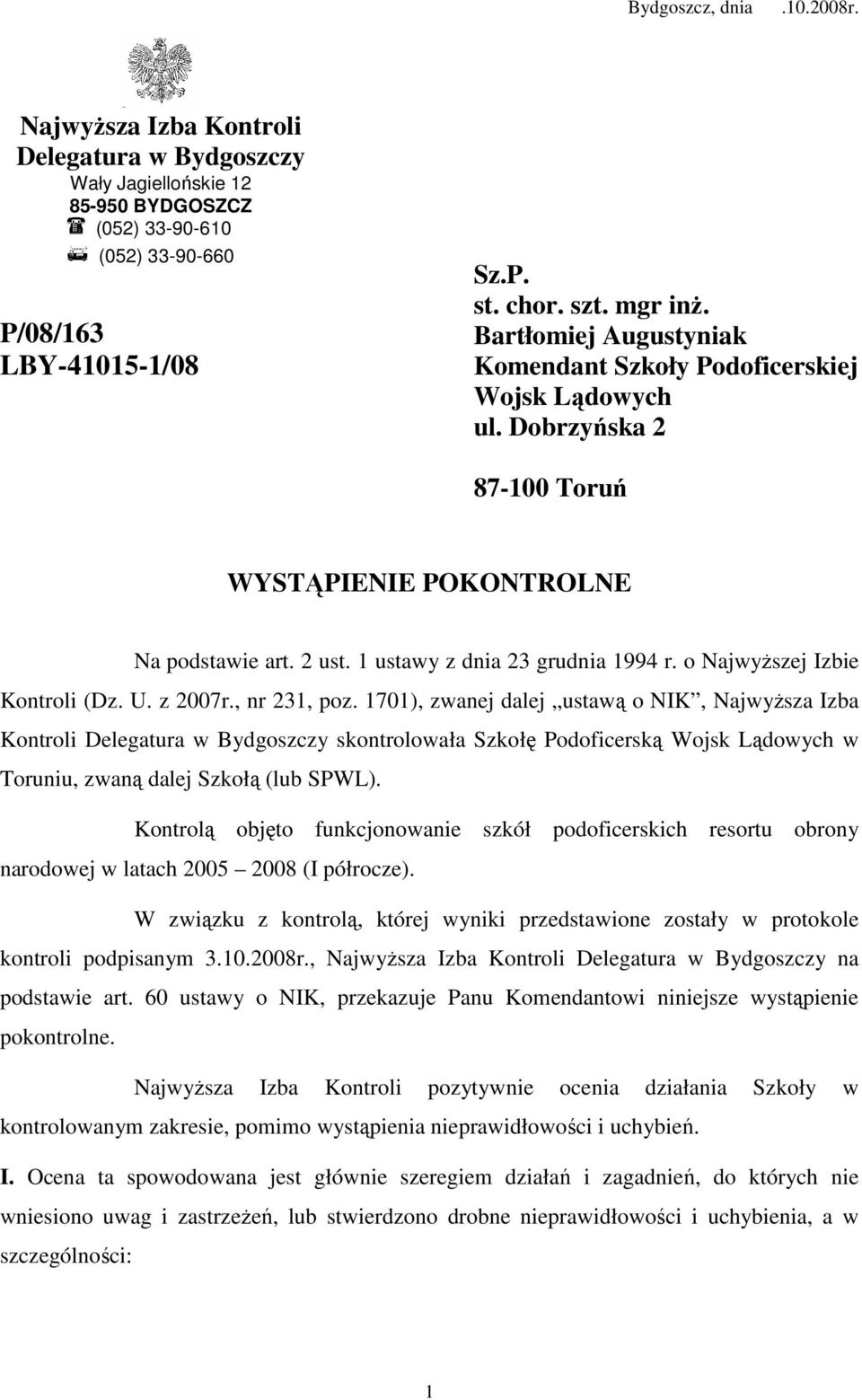 o NajwyŜszej Izbie Kontroli (Dz. U. z 2007r., nr 231, poz.