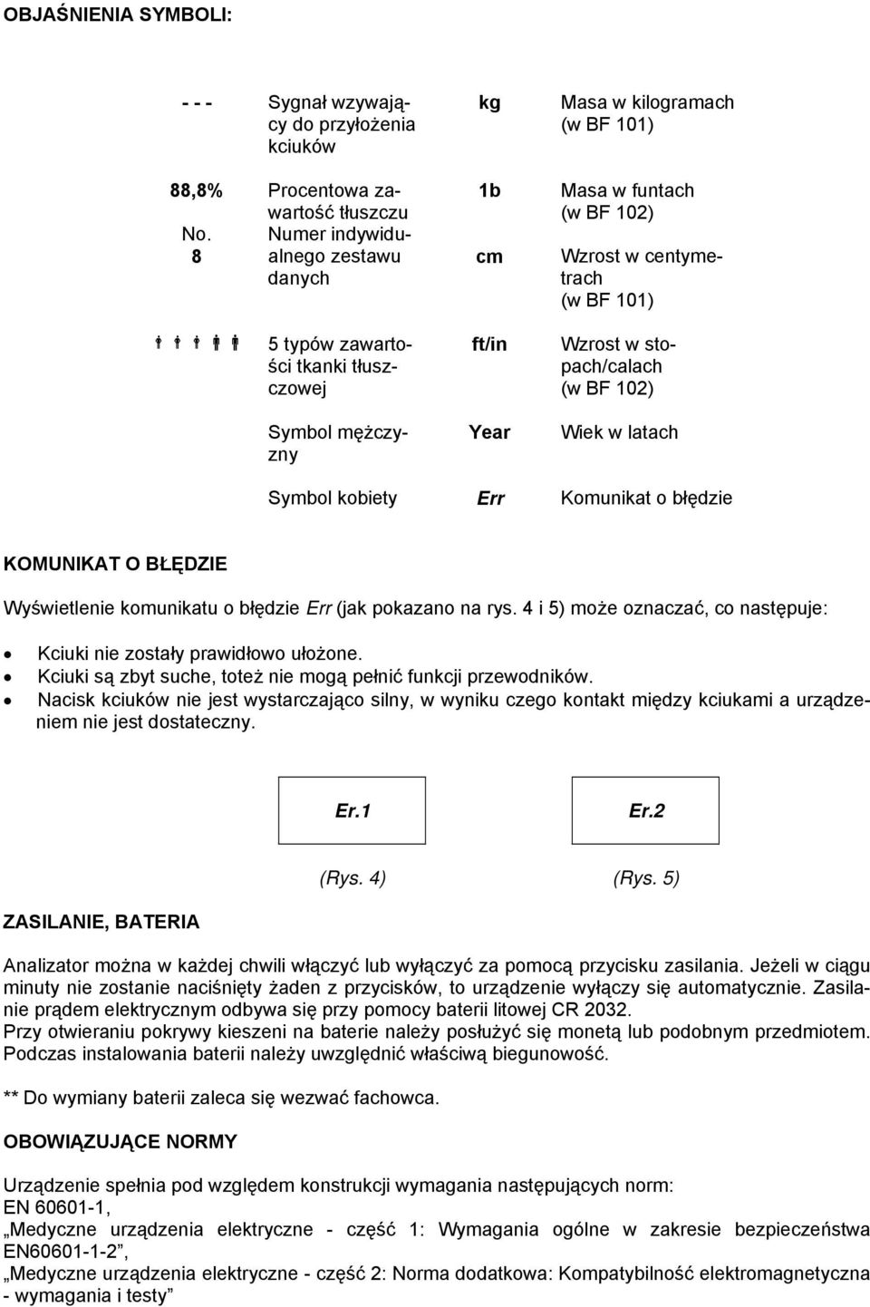 stopach/calach (w BF 102) Symbol mężczyzny Year Wiek w latach Symbol kobiety Err Komunikat o błędzie KOMUNIKAT O BŁĘDZIE Wyświetlenie komunikatu o błędzie Err (jak pokazano na rys.