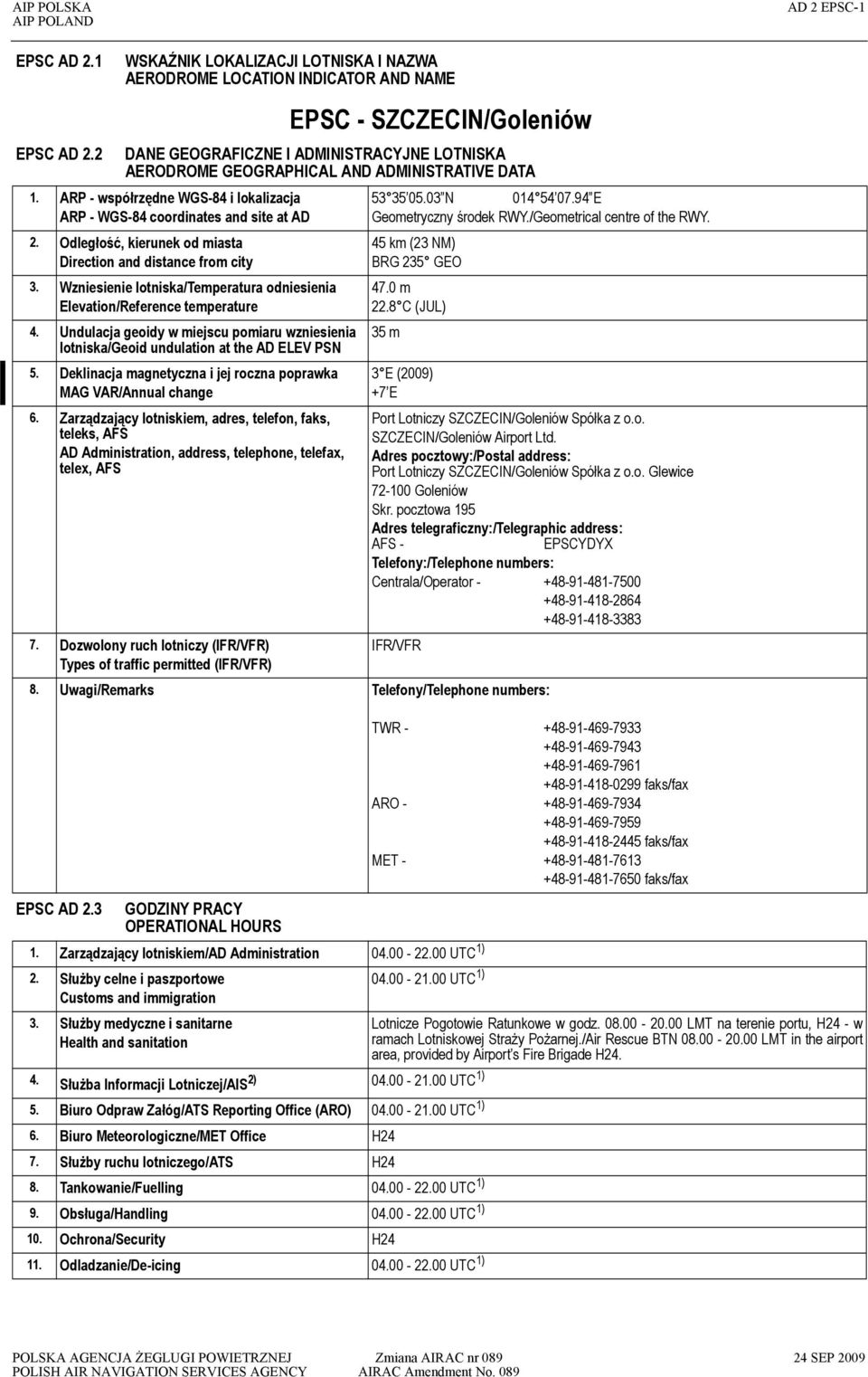 2 WSKAŹNIK LOKALIZACJI LOTNISKA I NAZWA AERODROME LOCATION INDICATOR AND NAME EPSC - SZCZECIN/Goleniów DANE GEOGRAFICZNE I ADMINISTRACYJNE LOTNISKA AERODROME GEOGRAPHICAL AND ADMINISTRATIVE DATA 1.