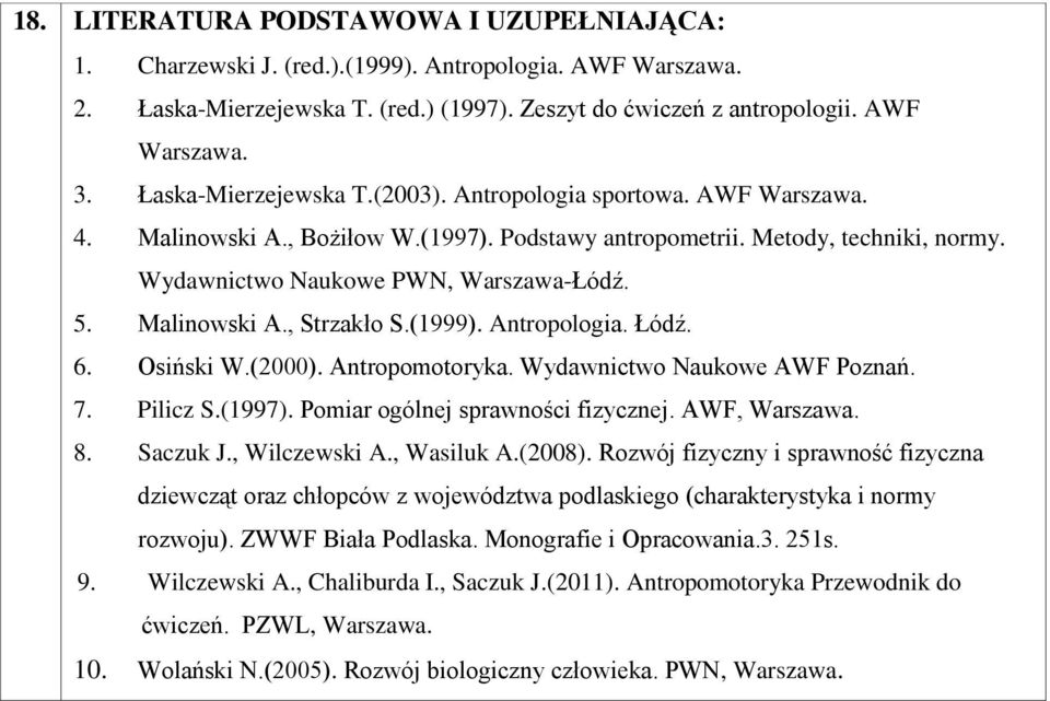 Malinowski A., Strzakło S.(1999). Antropologia. Łódź. 6. Osiński W.(2000). Antropomotoryka. Wydawnictwo Naukowe AWF Poznań. 7. Pilicz S.(1997). Pomiar ogólnej sprawności fizycznej. AWF, Warszawa. 8.