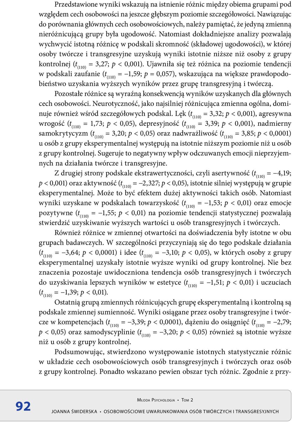 Natomiast dokładniejsze analizy pozwalają wychwycić istotną różnicę w podskali skromność (składowej ugodowości), w której osoby twórcze i transgresyjne uzyskują wyniki istotnie niższe niż osoby z