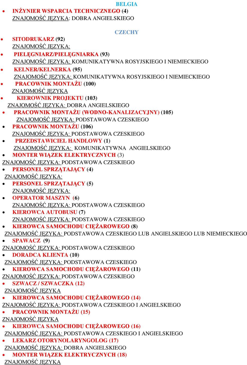 PRACOWNIK MONTAŻU (WODNO-KANALIZACYJNY) (105) PRACOWNIK MONTAŻU (106) PRZEDSTAWICIEL HANDLOWY (1) ZNAJOMOŚĆ JĘZYKA: KOMUNIKATYWNA ANGIELSKIEGO MONTER WIĄZEK ELEKTRYCZNYCH (3) PERSONEL SPRZĄTAJĄCY (4)