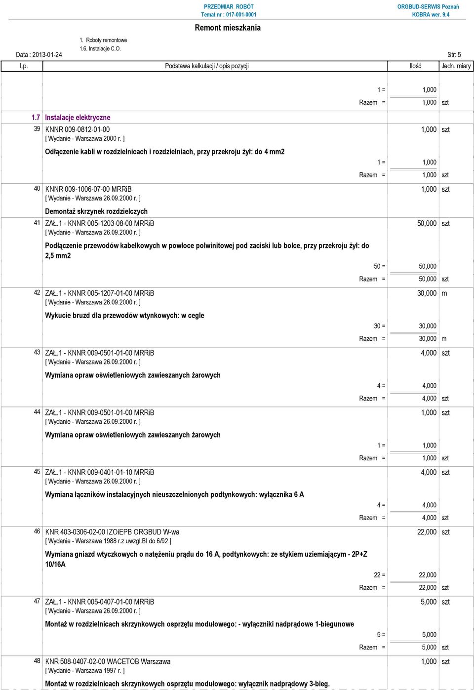 1 - KNNR 005-1203-08-00 MRRiB 50,000 szt Podłączenie przewodów kabelkowych w powłoce polwinitowej pod zaciski lub bolce, przy przekroju żył: do 2,5 mm2 50 = 50,000 Razem = 50,000 szt 42 ZAŁ.