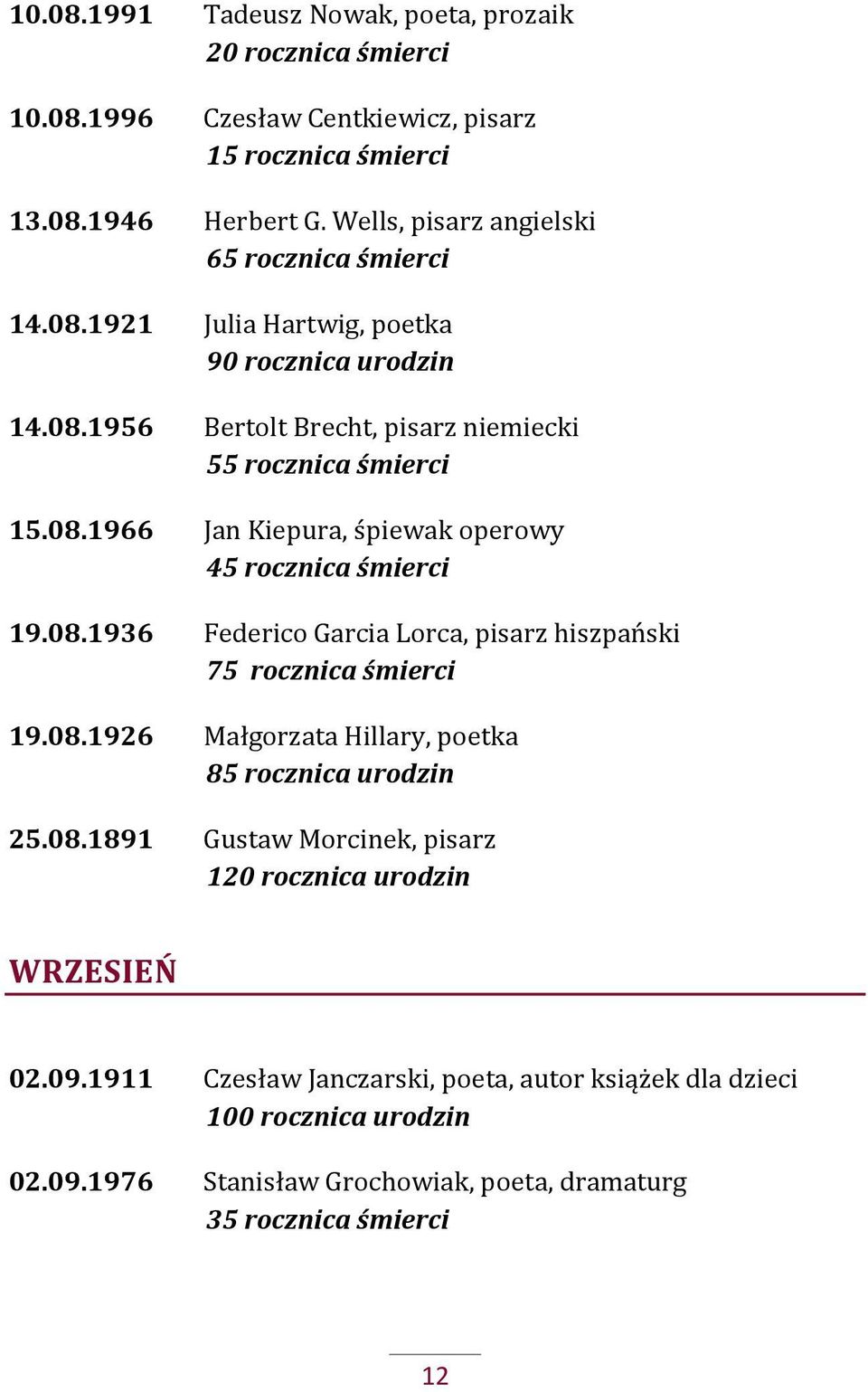 08.1936 Federico Garcia Lorca, pisarz hiszpański 75 rocznica śmierci 19.08.1926 Małgorzata Hillary, poetka 85 rocznica urodzin 25.08.1891 Gustaw Morcinek, pisarz 120 rocznica urodzin WRZESIEŃ 02.