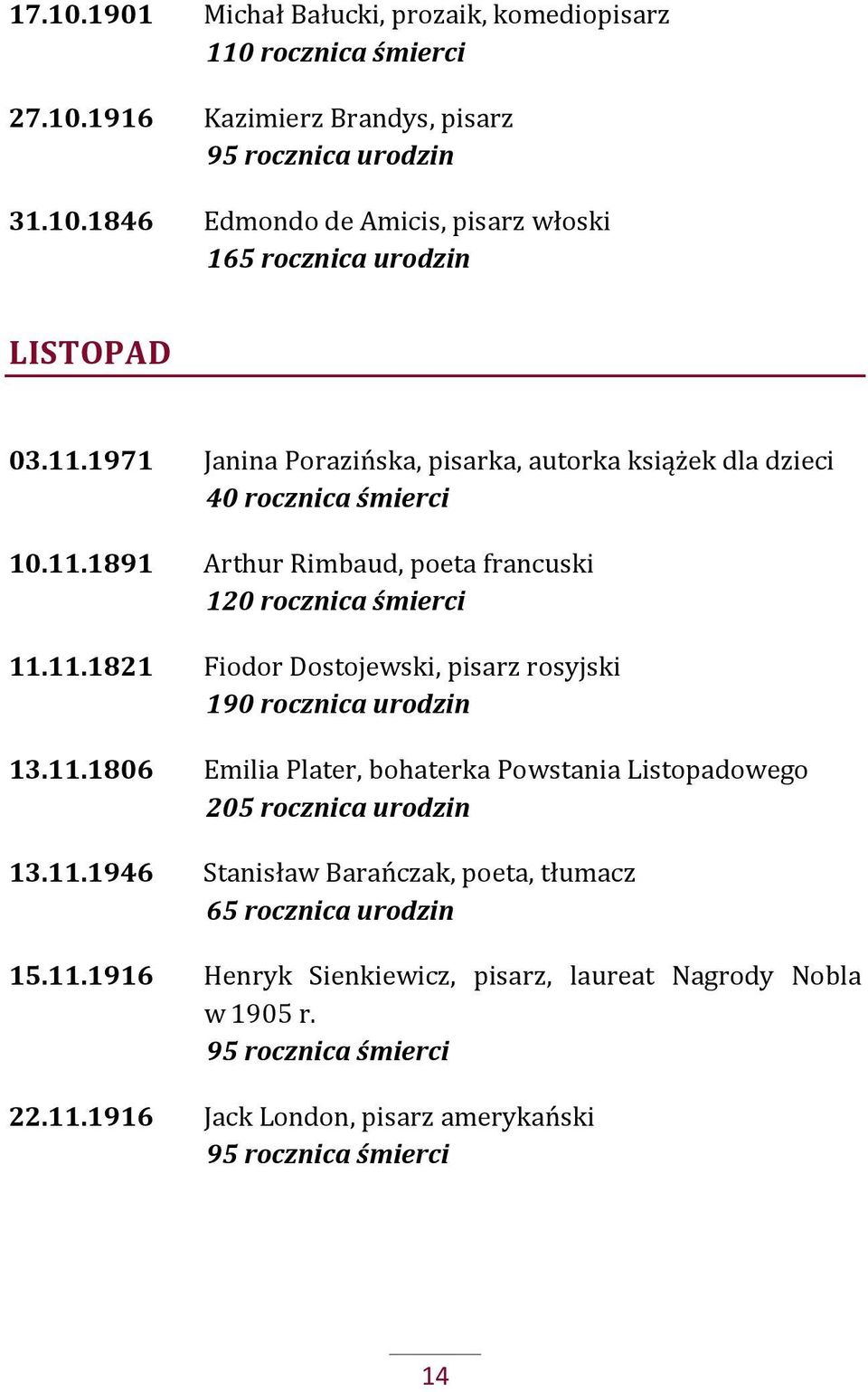 11.1806 Emilia Plater, bohaterka Powstania Listopadowego 205 rocznica urodzin 13.11.1946 Stanisław Barańczak, poeta, tłumacz 65 rocznica urodzin 15.11.1916 Henryk Sienkiewicz, pisarz, laureat Nagrody Nobla w 1905 r.