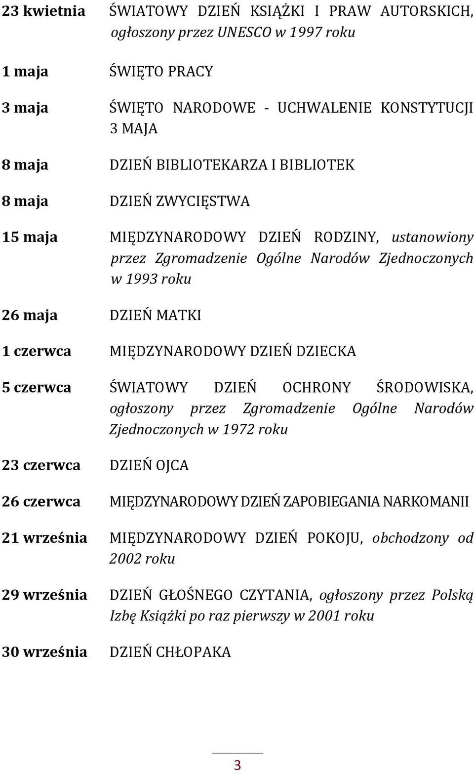 DZIECKA 5 czerwca ŚWIATOWY DZIEŃ OCHRONY ŚRODOWISKA, ogłoszony przez Zgromadzenie Ogólne Narodów Zjednoczonych w 1972 roku 23 czerwca DZIEŃ OJCA 26 czerwca MIĘDZYNARODOWY DZIEŃ ZAPOBIEGANIA