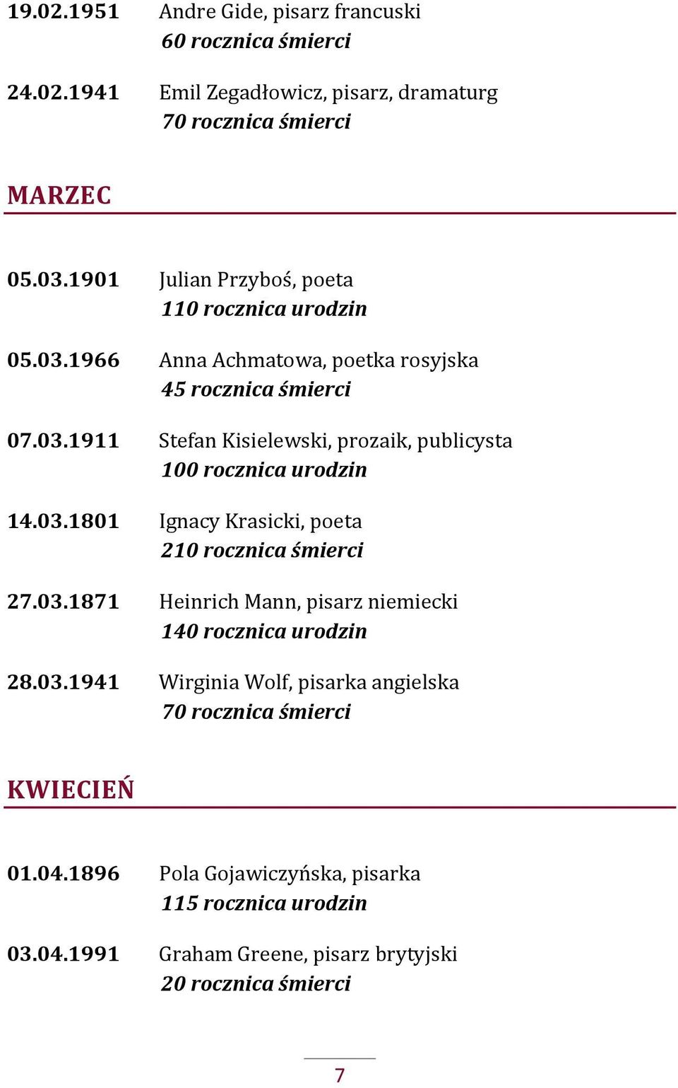 03.1801 Ignacy Krasicki, poeta 210 rocznica śmierci 27.03.1871 Heinrich Mann, pisarz niemiecki 140 rocznica urodzin 28.03.1941 Wirginia Wolf, pisarka angielska 70 rocznica śmierci KWIECIEŃ 01.