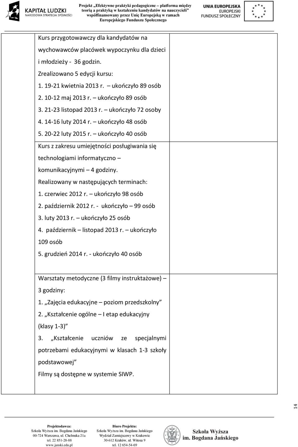 ukończyło 40 osób Kurs z zakresu umiejętności posługiwania się technologiami informatyczno komunikacyjnymi 4 godziny. Realizowany w następujących terminach: 1. czerwiec 2012 r. ukończyło 98 osób 2.