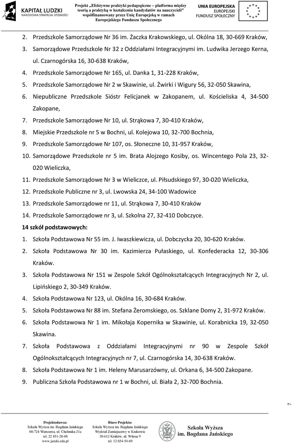Niepubliczne Przedszkole Sióstr Felicjanek w Zakopanem, ul. Kościeliska 4, 34-500 Zakopane, 7. Przedszkole Samorządowe Nr 10, ul. Strąkowa 7, 30-410 Kraków, 8. Miejskie Przedszkole nr 5 w Bochni, ul.