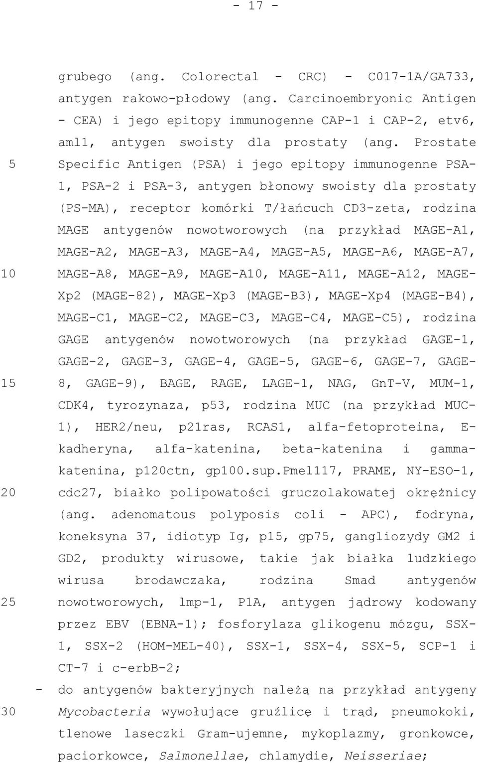 Prostate Specific Antigen (PSA) i jego epitopy immunogenne PSA- 1, PSA-2 i PSA-3, antygen błonowy swoisty dla prostaty (PS-MA), receptor komórki T/łańcuch CD3-zeta, rodzina MAGE antygenów