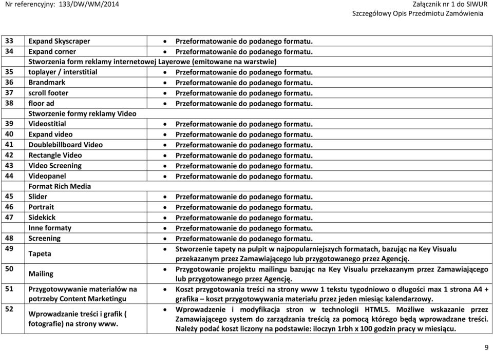 37 scroll footer Przeformatowanie do podanego formatu. 38 floor ad Przeformatowanie do podanego formatu. Stworzenie formy reklamy Video 39 Videostitial Przeformatowanie do podanego formatu.