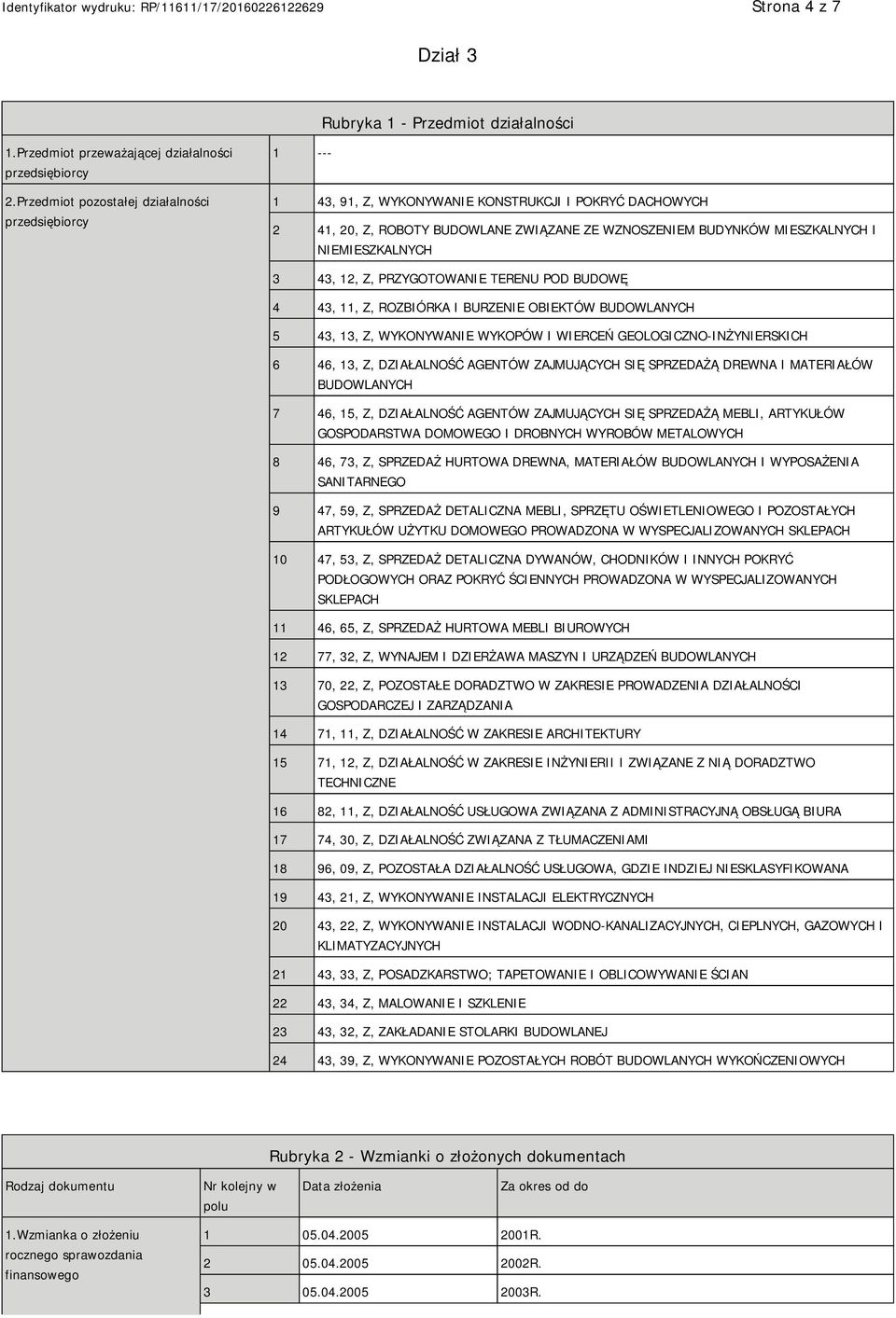 NIEMIESZKALNYCH 3 43, 12, Z, PRZYGOTOWANIE TERENU POD BUDOWĘ 4 43, 11, Z, ROZBIÓRKA I BURZENIE OBIEKTÓW BUDOWLANYCH 5 43, 13, Z, WYKONYWANIE WYKOPÓW I WIERCEŃ GEOLOGICZNO-INŻYNIERSKICH 6 46, 13, Z,