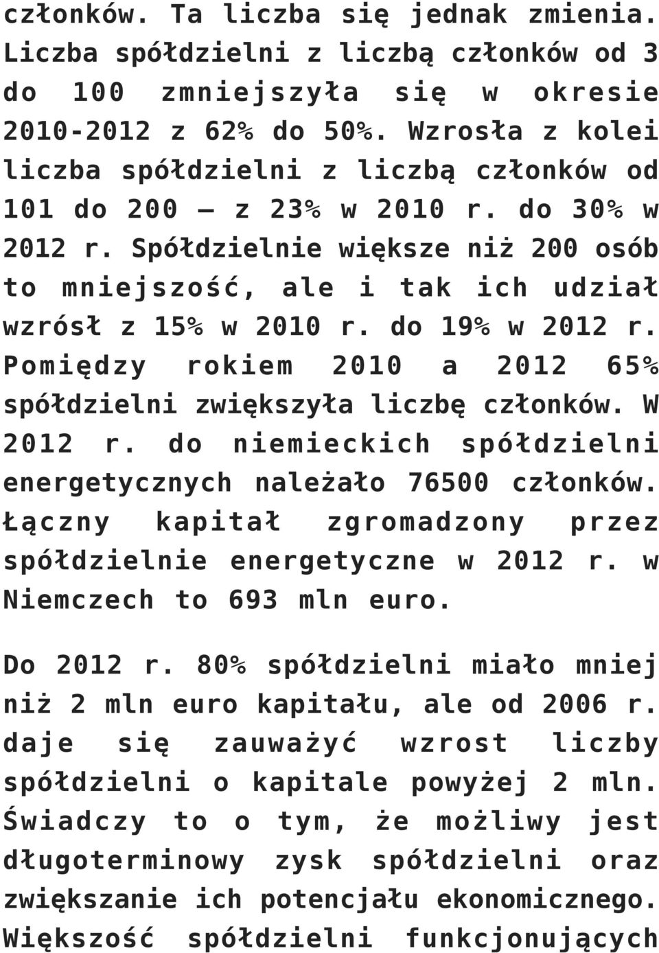 do 19% w 2012 r. Pomiędzy rokiem 2010 a 2012 65% spółdzielni zwiększyła liczbę członków. W 2012 r. do niemieckich spółdzielni energetycznych należało 76500 członków.