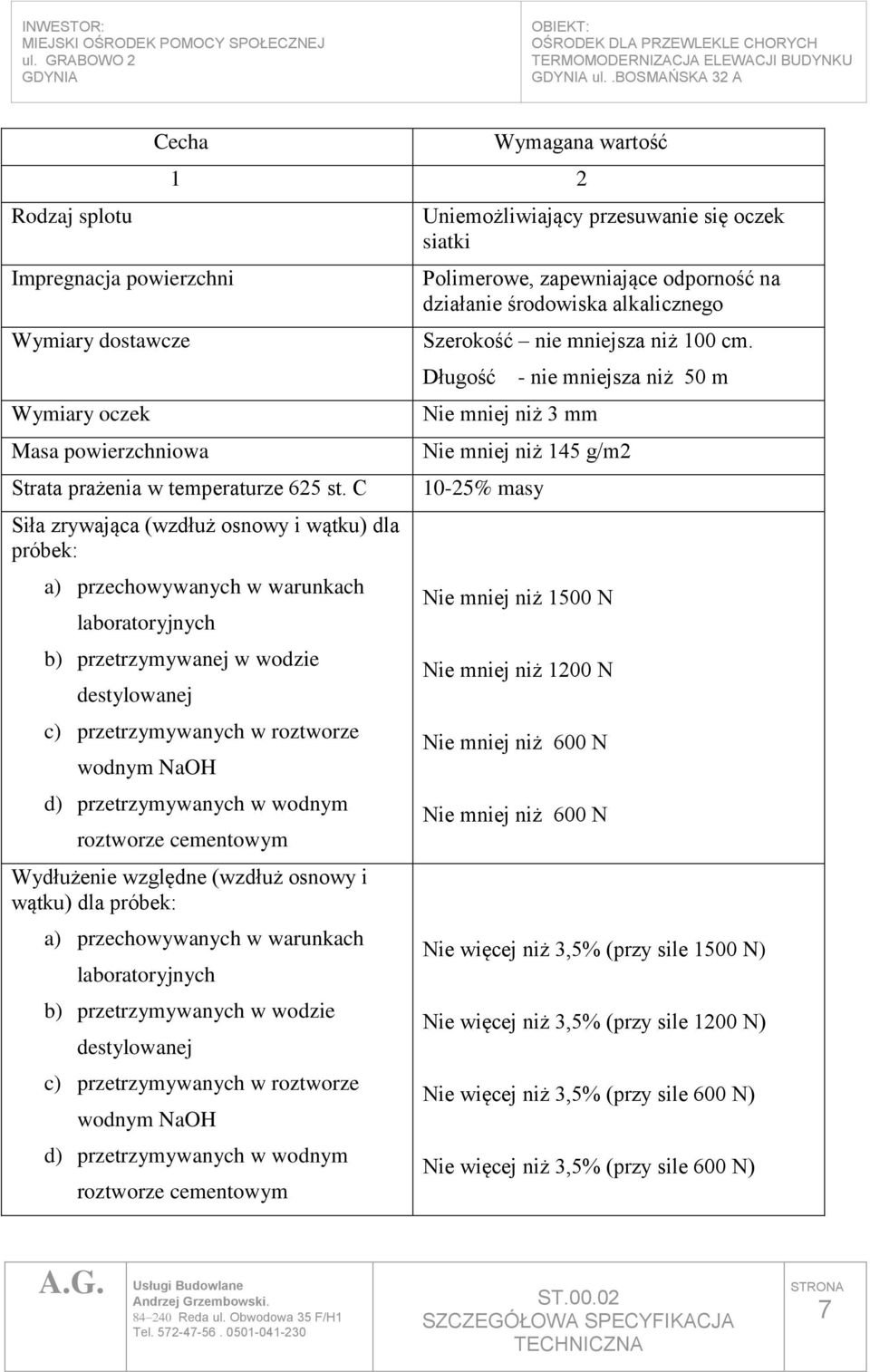 przetrzymywanych w wodnym roztworze cementowym Wydłużenie względne (wzdłuż osnowy i wątku) dla próbek: a) przechowywanych w warunkach laboratoryjnych b) przetrzymywanych w wodzie destylowanej c)