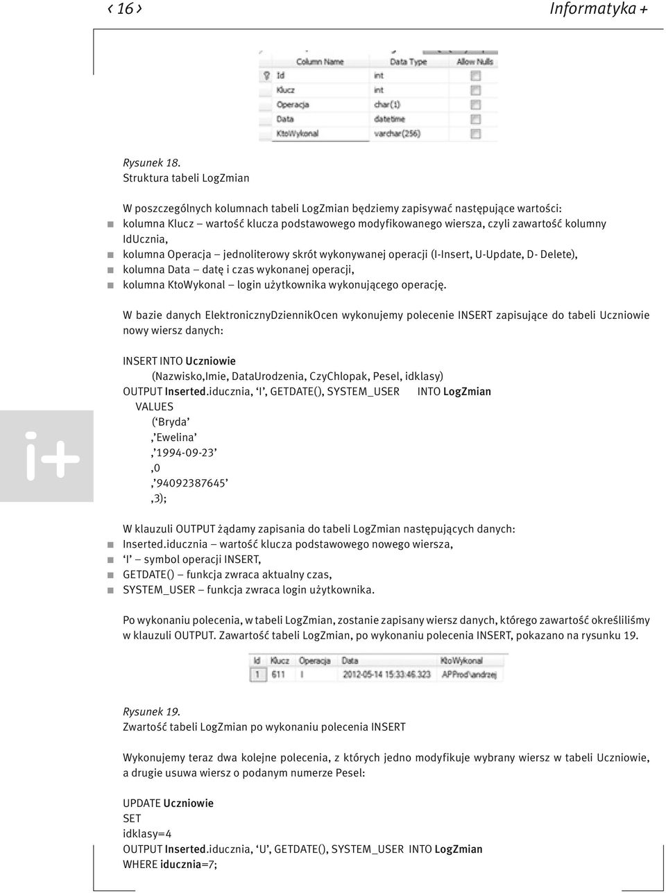 IdUcznia, kolumna Operacja jednoliterowy skrót wykonywanej operacji (I-Insert, U-Update, D- Delete), kolumna Data datę i czas wykonanej operacji, kolumna KtoWykonal login użytkownika wykonującego