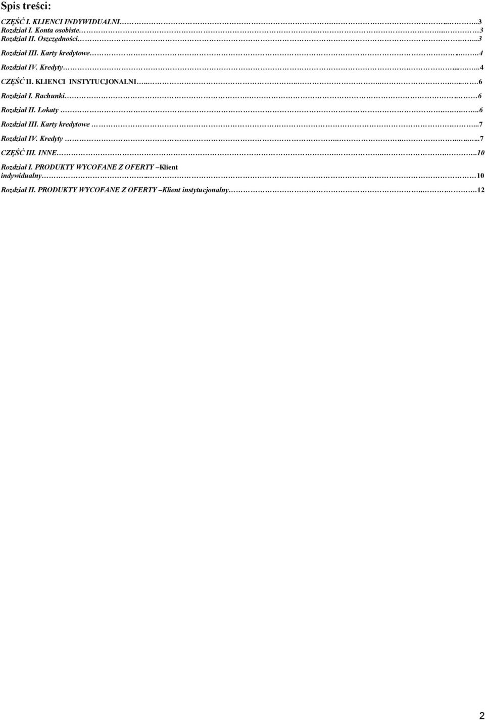 . 6 Rozdział II. Lokaty.....6 Rozdział III. Karty kredytowe....7 Rozdział IV. Kredyty...........7 CZĘŚĆ III. INNE.