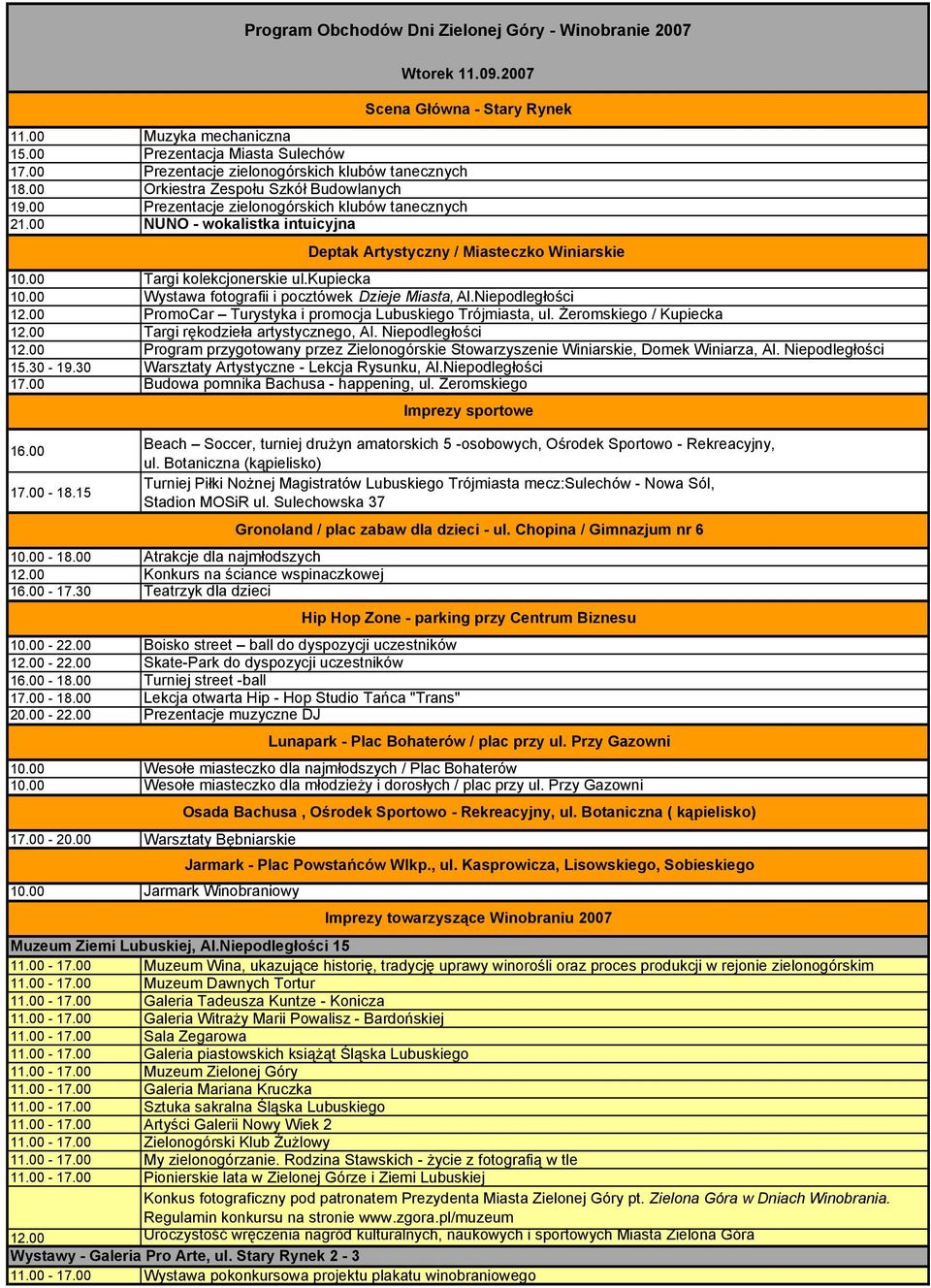 Niepodległości 17.00 Budowa pomnika Bachusa - happening, ul. Żeromskiego 17.00-18.15 Turniej Piłki Nożnej Magistratów Lubuskiego Trójmiasta mecz:sulechów - Nowa Sól, Stadion MOSiR ul.
